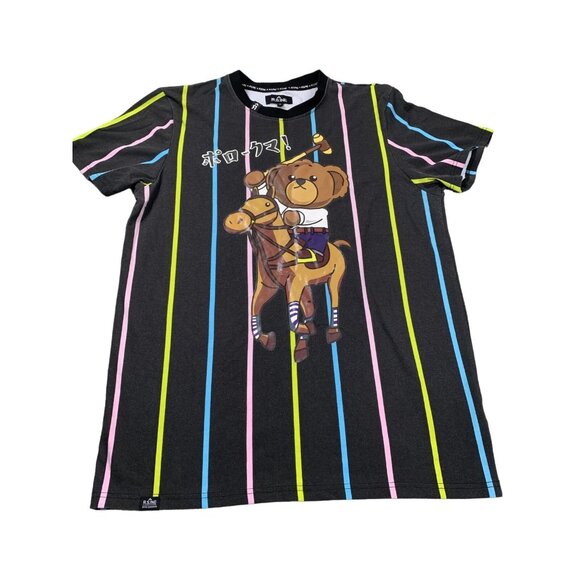 R.SINE Other - R.SINE Shirt Men Large Black Striped Bear Polo Graphic Tee Streetwear Casual Y2K